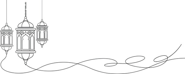 Continuous one line drawing of three hanging traditional islamic lanterns for ramadan kareem greeting card and minimalist muslim holiday decoration © Md
