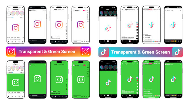 Instagram and TikTok Mobile Interface Mockup Collection Showing Post Reels Story and Live Stream Screens for 2026 Content Creation with Transparent PNG and Green Screen Editing Templates