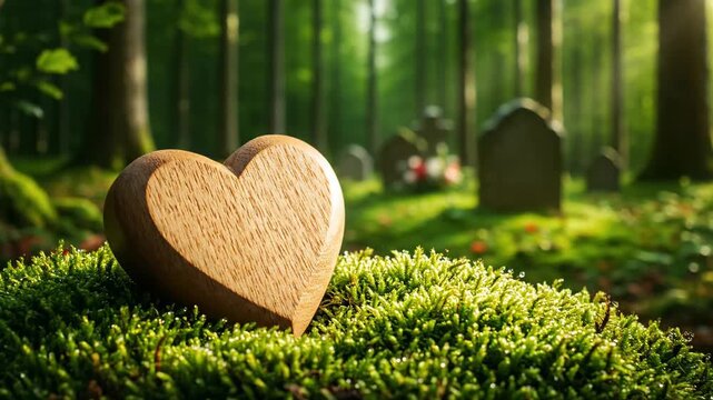 Wooden heart on green moss in a peaceful forest cemetery. A concept of remembrance, love, and loss for a loved one. Natural burial tribute and memorial at a gravesite