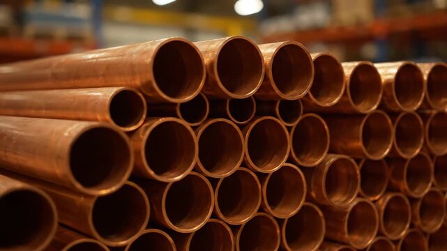 Stack of new copper pipes in an industrial warehouse setting. Raw metal material for plumbing construction and manufacturing industry ready for distribution and sale