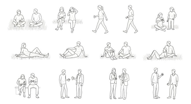 Versatile set of minimalist line art human figures for architectural plans and graphic design projects