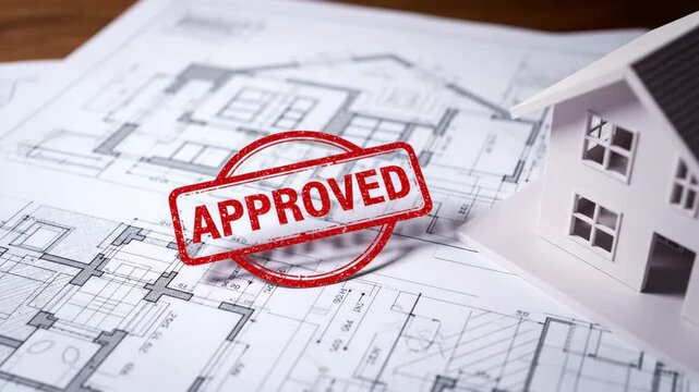 Architectural project with approved stamp on building blueprints and a house model. Real estate development concept for new property construction or mortgage loan validation