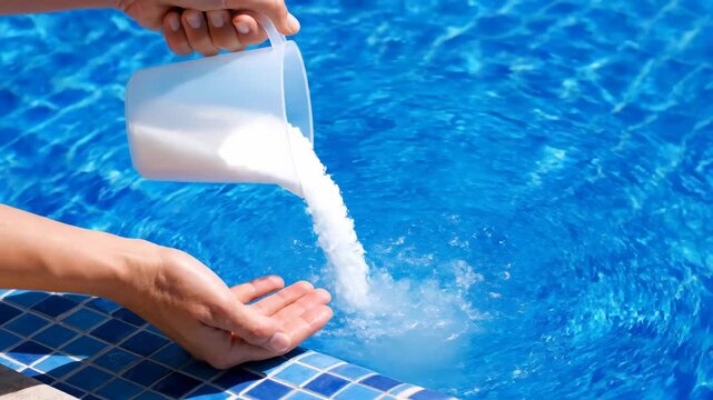 Step by step process of adding chemicals to a swimming pool for maintenance. Hands pouring white salt or chlorine granules from a measuring cup into clear blue water