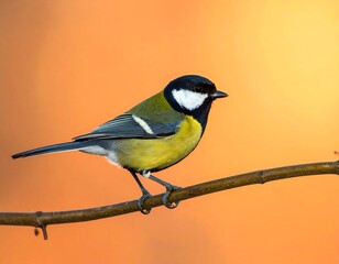 Obraz premium A small bird perched on a branch against a vibrant orange background