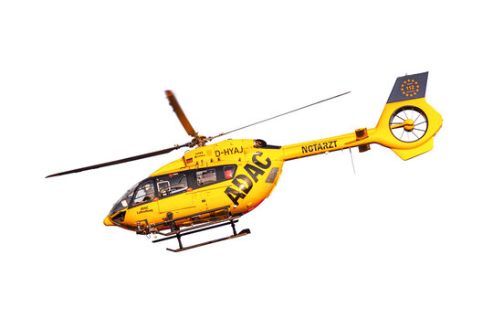 Germany, Mainz - 11 March: helicopter ADAC rescue helicopter. ADAC, Notarzt - Paramedic rescue helicopter, flying ambulances, air ambulance in Germany. Emergency doctor