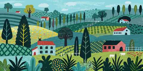 Stylized landscape painting featuring rolling hills trees and colorful houses © Kopil