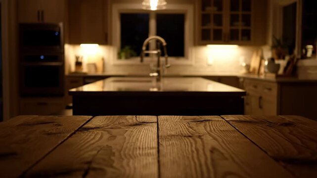 Empty wooden table surface with a blurred kitchen background for product placement. Cozy home interior at night with warm ambient lighting for a food display or mockup