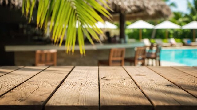Empty wooden table top with space for product display. Blurred background of a tropical resort with a swimming pool and tiki bar for a summer vacation presentation