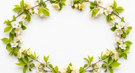 Fototapeta premium Spring Blossom Frame: A delicate frame of fresh, vibrant blossoms and lush green leaves, perfectly arranged to showcase the beauty of springtime.