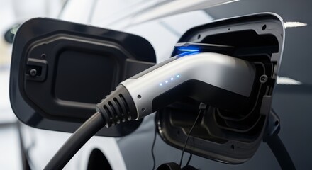 Electric vehicle charger plugged into car for charging process. Electric vehicle charging station shows modern design with ergonomic connector and illuminated indicators.