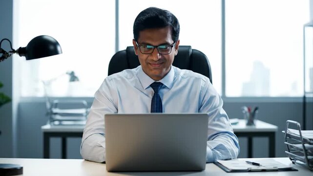 Successful indian businessman working on a laptop in a modern office. Happy adult male professional in glasses smiling at his computer screen. Corporate panoramic banner for technology