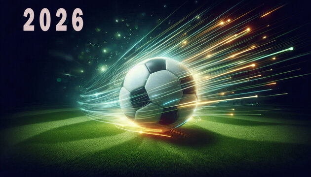 Ein Fu&szlig;ball fliegt mit viel Dynamik auf den gr&uuml;nen Rasen, Fu&szlig;ball 2026