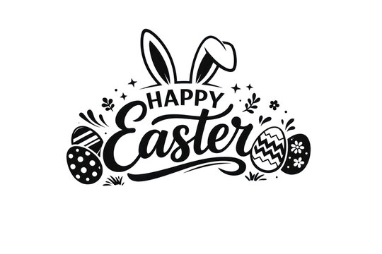 Happy easter decorative text with bunny ears and colorful eggs on a solid white background and no background