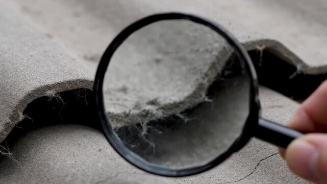 Hand holding a magnifying glass to inspect a dangerous asbestos roof sheet. Analyzing carcinogenic fibers for occupational health and safety risk assessment