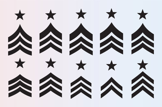 Collection of military rank insignia chevrons and stars arranged in neat rows