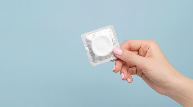 Sexual health care and disease protection: unopened condom in hand on a blue background