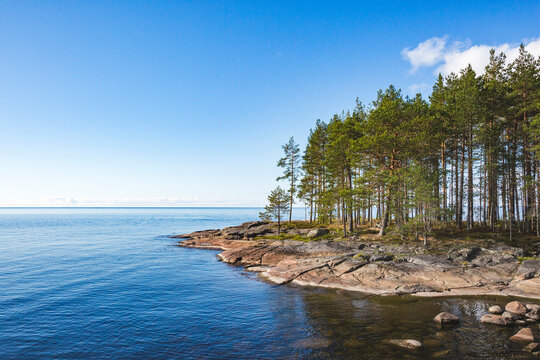 Onega Lake rock shore. Karelia,  Russian landscape.