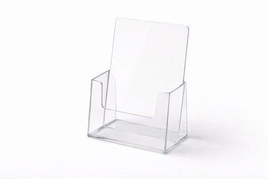 clear acrylic brochure stand isolated on white with polished transparent edges and soft luminous studio lighting