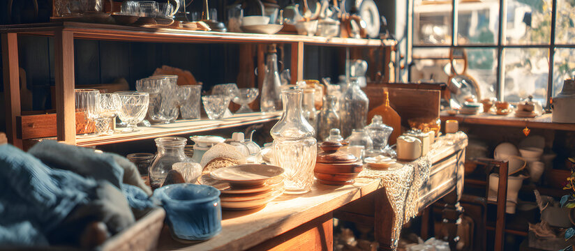 At the thrift store, you will find vintage household items for sale. Living a zero waste and eco-friendly lifestyle. Sustainable shopping through secondhand goods. Natural lighting using recycled obje