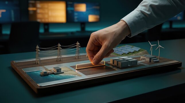 Energy transition planning board in control room with hand moving project tab across microgrid model with transmission towers battery storage solar panels and wind hub