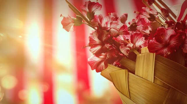 ketupat. Vibrant hibiscus flowers around traditional ketupat weave, warm sunlight and festive mood. event programs, museum guides, designed for cultural heritage projects and event programs.