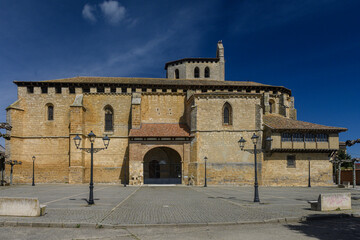 Facade of Iglesia de San Cornelio y San Cipriano in San Cebrian de Campos, Palencia