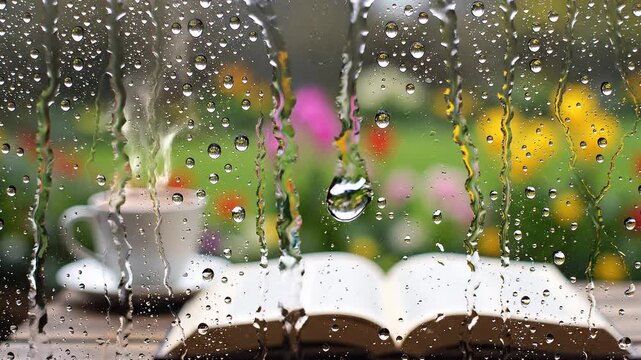 Rainy garden view through a window with an open book and cup of coffee on a wooden table with vibrant flowers in the background.