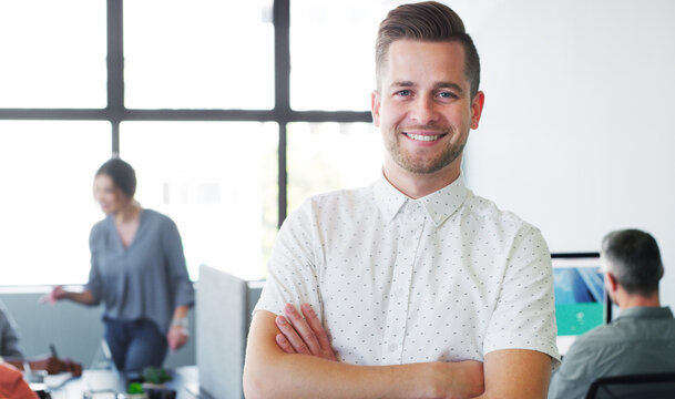 Portrait, creative man and arms crossed with confidence, pride and smile for editor career. Media agency, startup office and happy person for about us with copywriting, news reporter and coworking