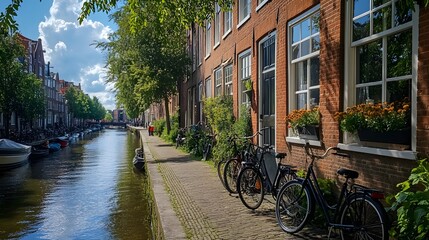 Fototapeta premium Amsterdam canal brick buildings bicycles