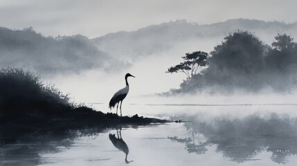 Obraz premium Cranes stand near a foggy water body at dawn with trees and a misty landscape in the background