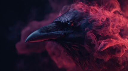 Fototapeta premium Dark bird with smoke effect in background shows a close view of a raven. The scene captures the bird's details and colors in a creative manner