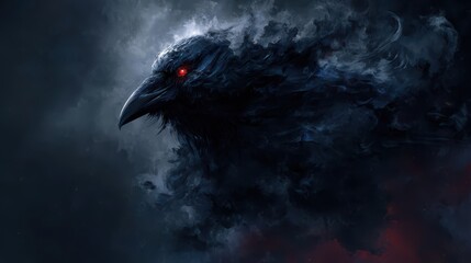 Fototapeta premium Dark figure of a bird in a stormy sky with red eyes showing in the clouds and smoke