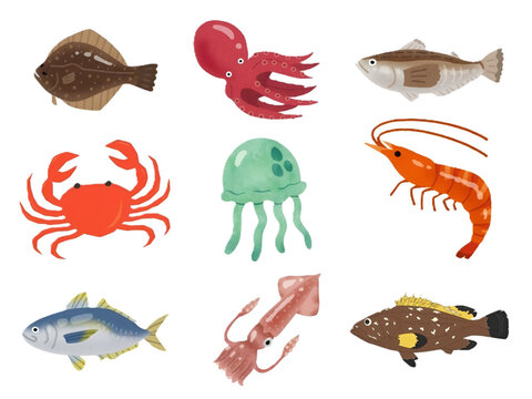 水彩タッチの海の仲間たちイラストセット