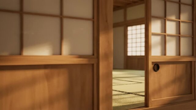 Traditional japanese room interior with tatami mat flooring and shoji paper screens. Serene empty dojo or house with natural sunlight creating shadows from the window
