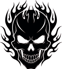 Fototapeta premium Flaming skull head illustration with fire flames in dark gothic style vector isolated design