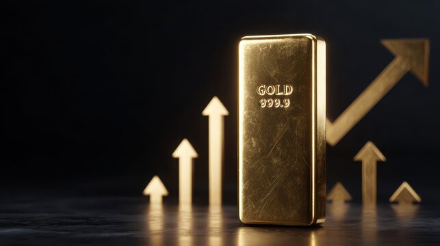 A 999.9 pure gold bullion bar standing in front of ascending golden arrows, symbolizing the rising price of gold, financial investment, and economic stability.