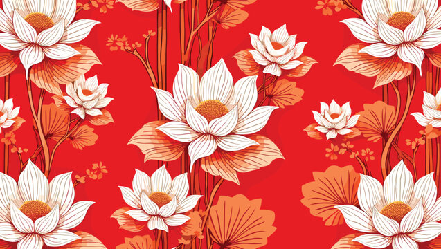 Luxury Lotus Flower Seamless Pattern on Red Background, Elegant Asian Textile Design