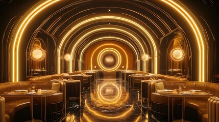 Luxury restaurant interior with golden lighting