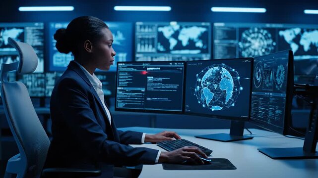 Professional black female data analyst working in a high tech system control room. Sequence shows her monitoring global network information and interacting with a touchscreen