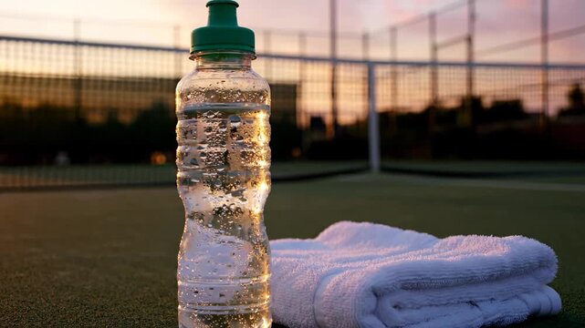A plastic bottle of cold water and a clean towel on a sports court at golden hour. Staying hydrated during exercise and fitness for a healthy active lifestyle concept