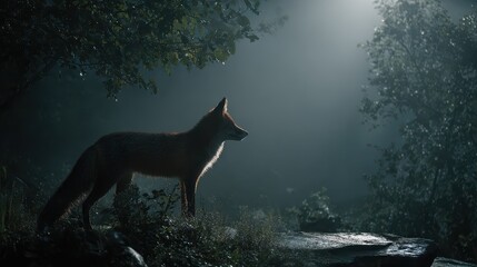 Obraz premium Silhouette of a fox standing on a rock in the forest at night under moonlight