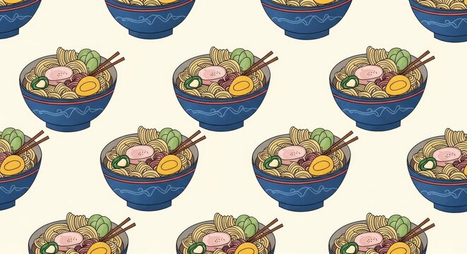 Ramen noodle bowls seamless pattern background.