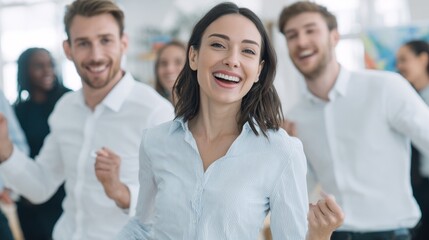 Fototapeta premium Joyful business team smiling and dancing
