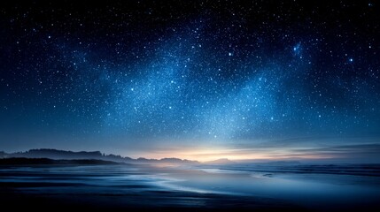 Fototapeta premium Stars glitter in the night sky above a quiet landscape, their glow mirrored on a still water surface, fostering tranquility