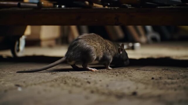 Rat runs along floor in dark, cluttered garage, evoking pest control concerns.