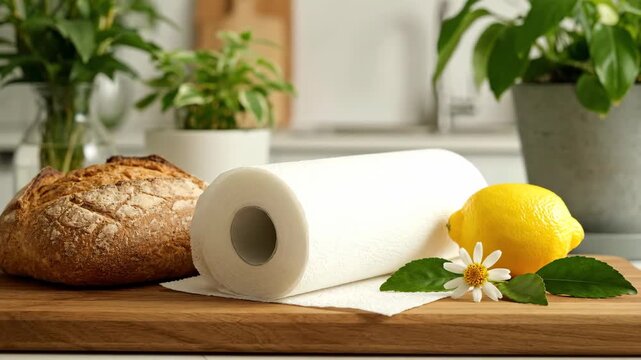 Fresh kitchen scene with an absorbent paper towel roll, lemon fruit and rustic bread on a cutting board. Natural household cleaning and food preparation web banner