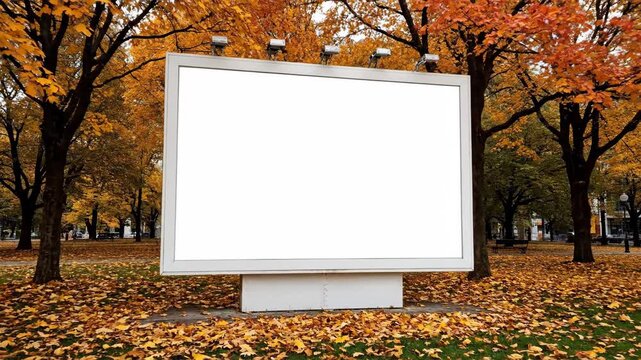 Blank billboard mockup for outdoor advertising in a beautiful autumn city park. White screen lightbox template surrounded by colorful fall foliage and fallen leaves