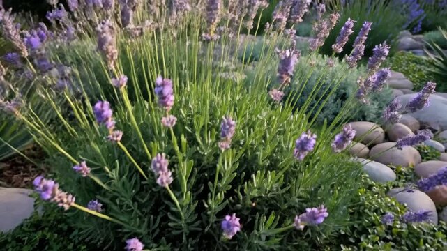 Drought tolerant landscaping in a residential backyard with lavender and agave plants. A dry creek bed of smooth river rocks creates a beautiful water wise garden design