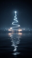 Obraz premium An abstract Christmas tree, adorned with twinkling lights and a crown star, mirrors itself in the water beneath, ideal for festive greetings