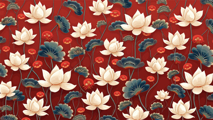 Obraz premium Minimal Lotus Flower Seamless Pattern on Red Background, Elegant Asian Floral Design